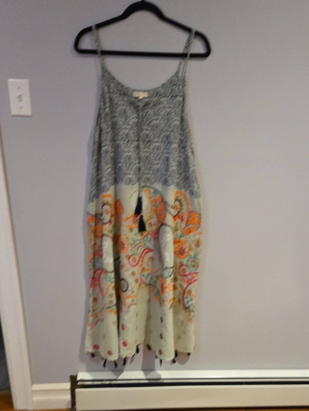Boho Spaghetti Strap Maxi Dress in Blue and Cream with Orange Paisley Size M